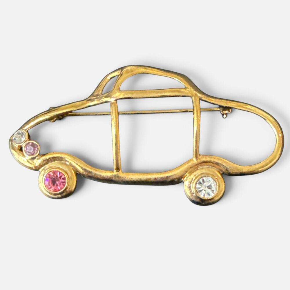 VTG Modernist Gold Tone Car Outline Brooch Pin Pink 3.25”x1.75” Mod Crystal